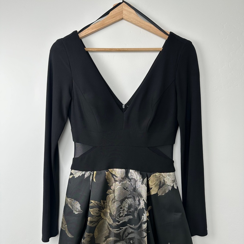 Xscape Gown Women 4 Black Gold Metallic Floral Brocade Mesh Cutout High-Low 770X